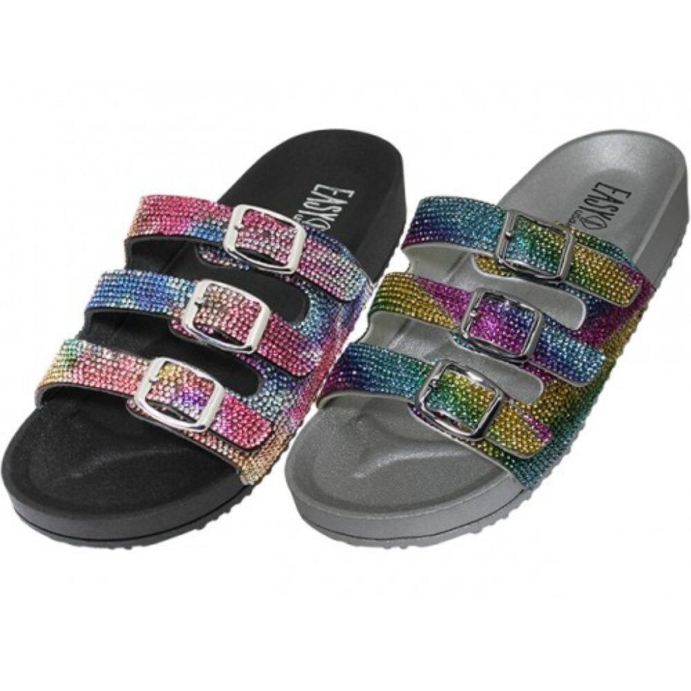 Rainbow Rhinestone 3 strap sandals, SILVER SOLE